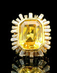 13.38 Carat Yellow Sapphire and Diamond Ring in 18K Gold, Size 6.5