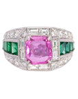 2.09 Carat Pink Sapphire & 2.05 Carat Emerald Diamond Ring, Size 6