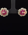 3.12 Carat Ruby and 1.15 Carat Diamond Geometric Flower 18K Gold Earring