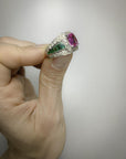2.09 Carat Pink Sapphire & 2.05 Carat Emerald Diamond Ring, Size 6