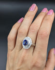3.20 Carat Blue Sapphire Diamond Cluster Ring in 18K Gold, Size 7.5