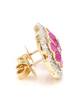 3.12 Carat Ruby and 1.15 Carat Diamond Geometric Flower 18K Gold Earring
