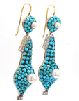 1.74 Carat Diamond, Turquoise, and Pearl Drop Earrings in 18K Gold - 2 Pieces