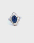 3.51 Carat Sapphire Cabochon 0.58 Carat Diamond Ring in Platinum, Size 5.75