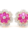 3.12 Carat Ruby and 1.15 Carat Diamond Geometric Flower 18K Gold Earring