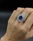 3.20 Carat Blue Sapphire Diamond Cluster Ring in 18K Gold, Size 7.5
