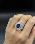 3.20 Carat Blue Sapphire Diamond Cluster Ring in 18K Gold, Size 7.5