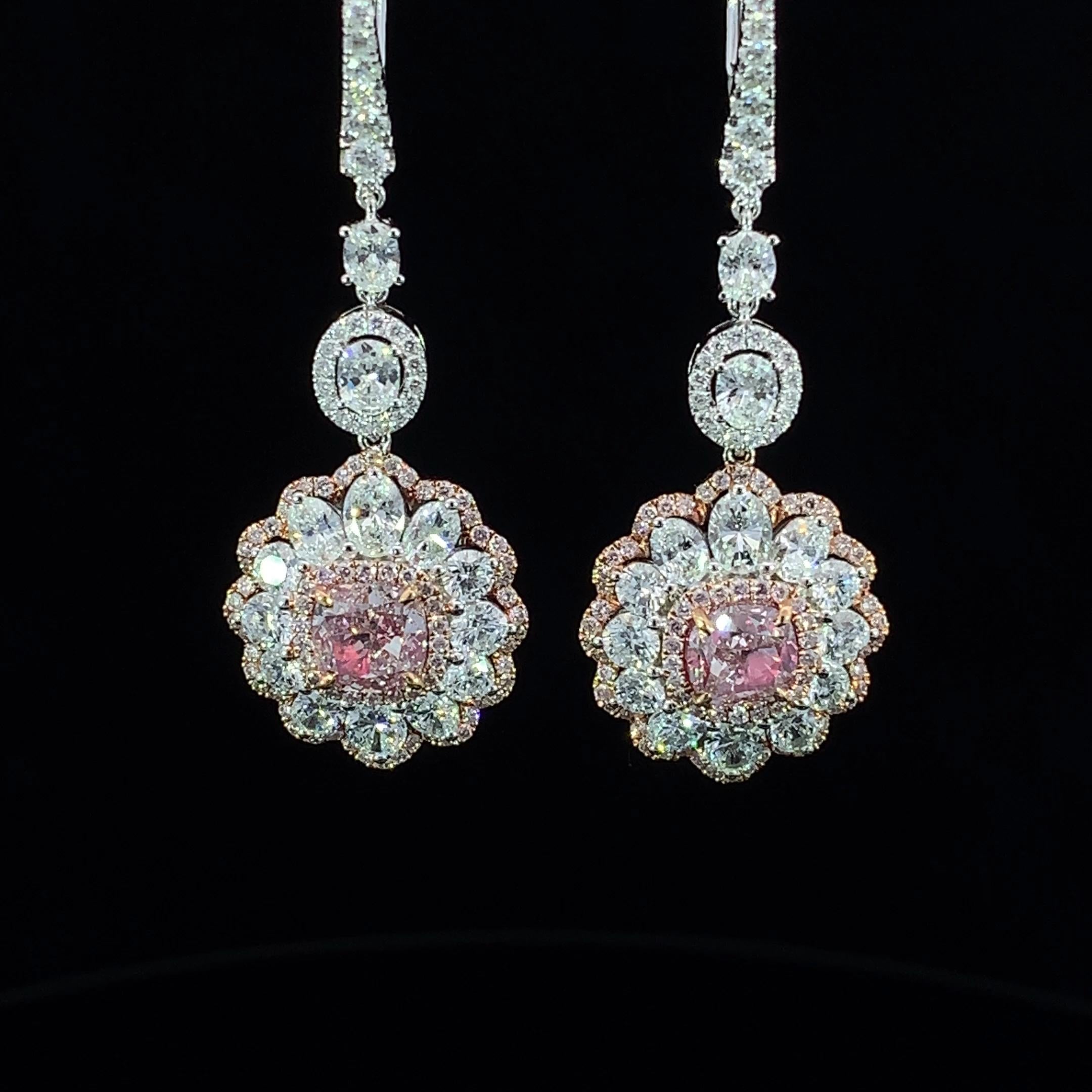Certified 1 carat very light pink & white diamond Drop earrings in 18K Gold