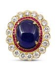 19.61 carat Tanzanite Ring with Ruby and Diamond Halo - Gold Statement Ring