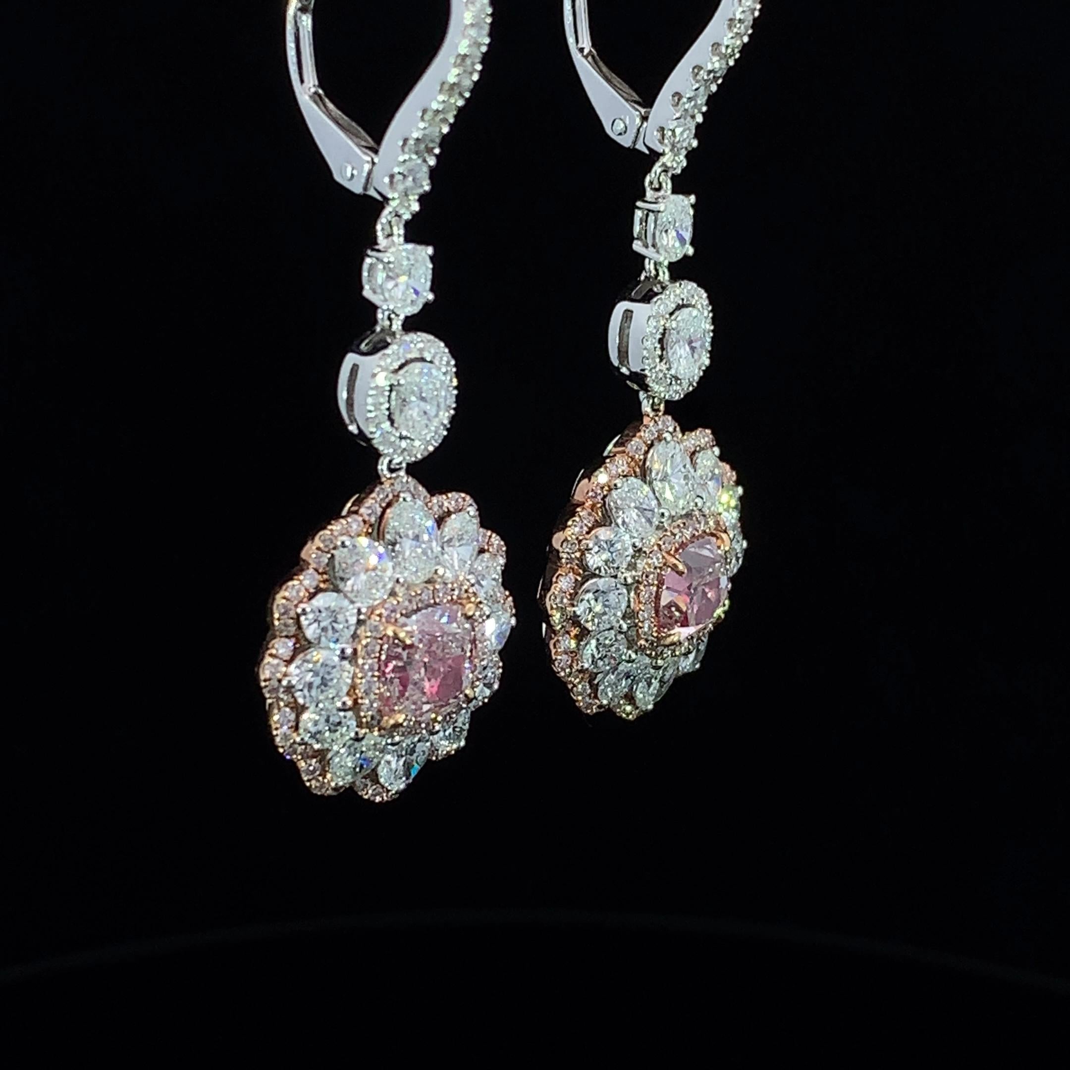 Certified 1 carat very light pink & white diamond Drop earrings in 18K Gold