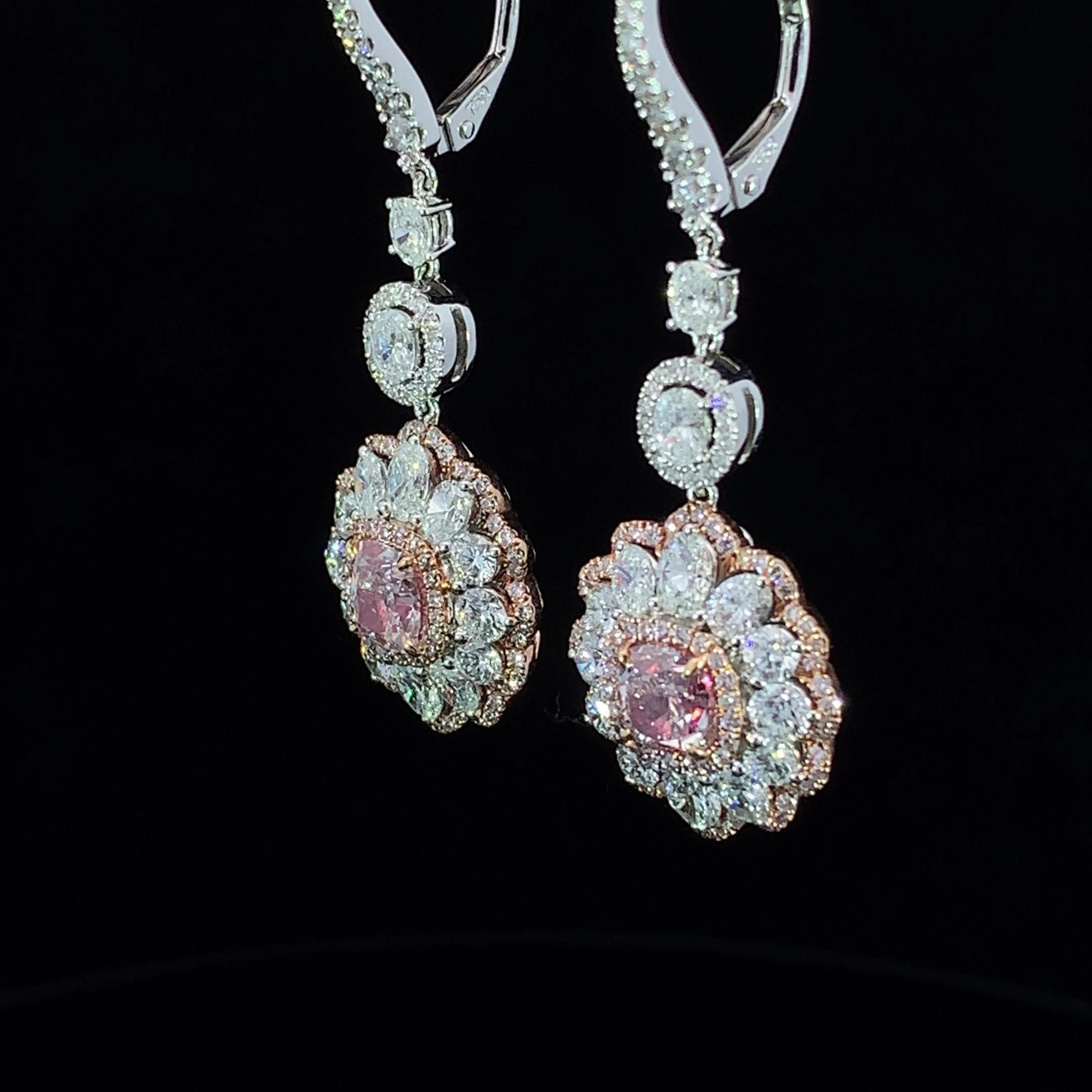 Certified 1 carat very light pink & white diamond Drop earrings in 18K Gold