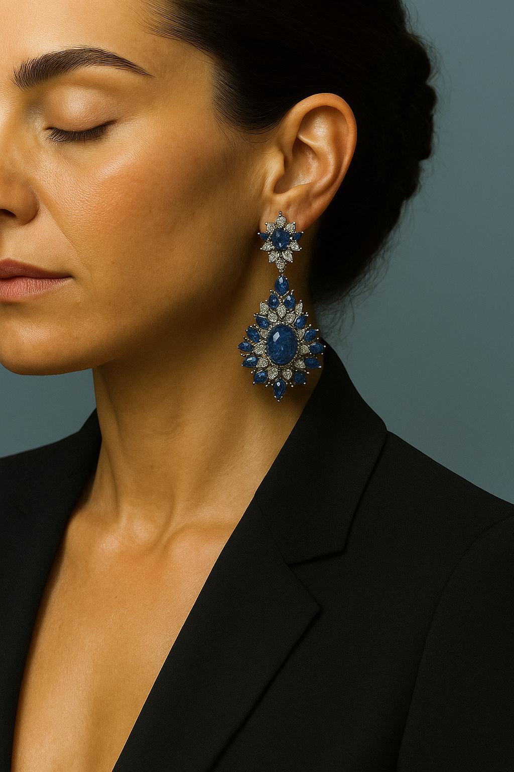 24 Carats Blue Sapphire and 4 Carats Diamond Drop Earring Earring