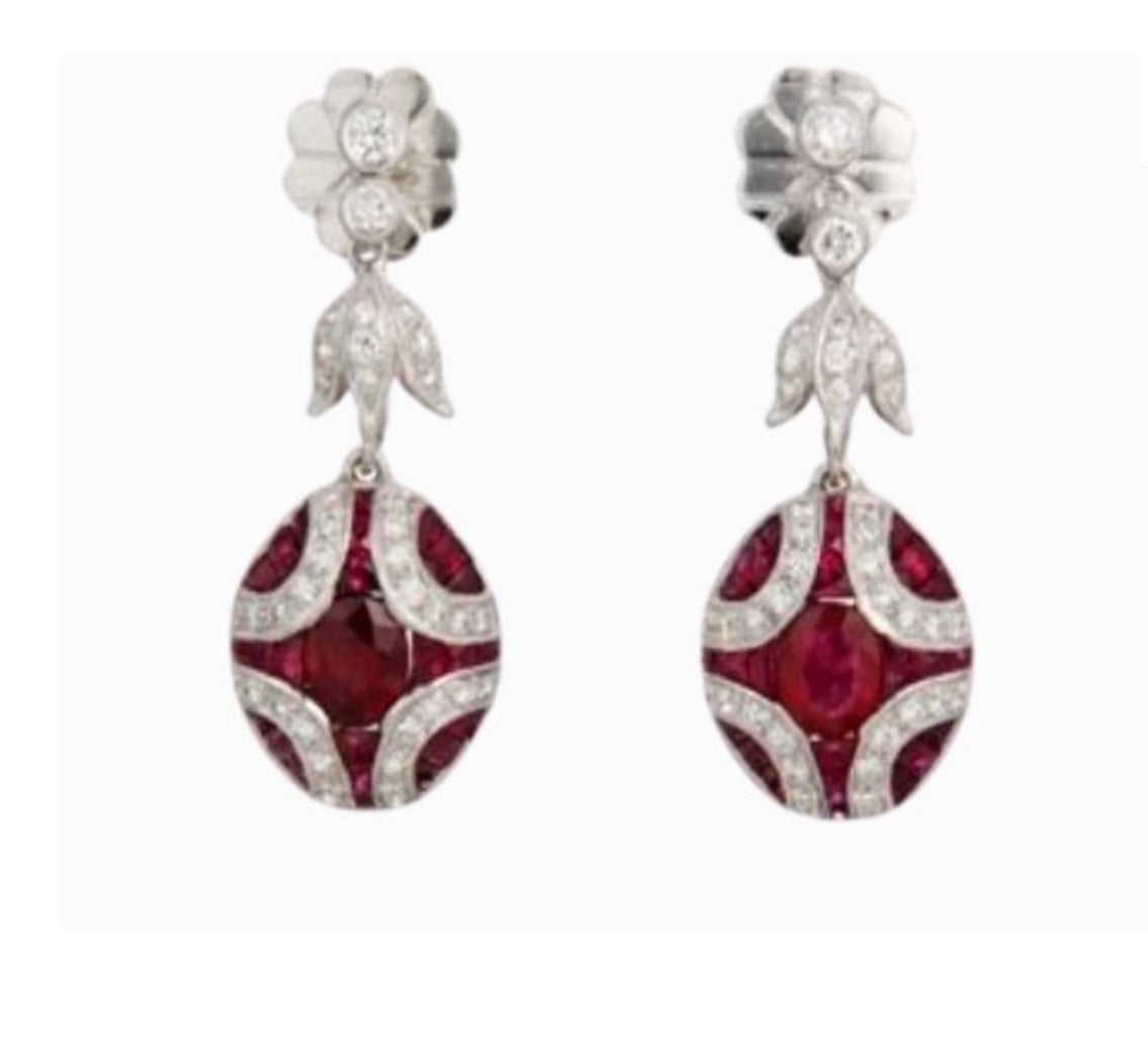 Diamond and Natural Ruby Art Deci Style Drop Earrings