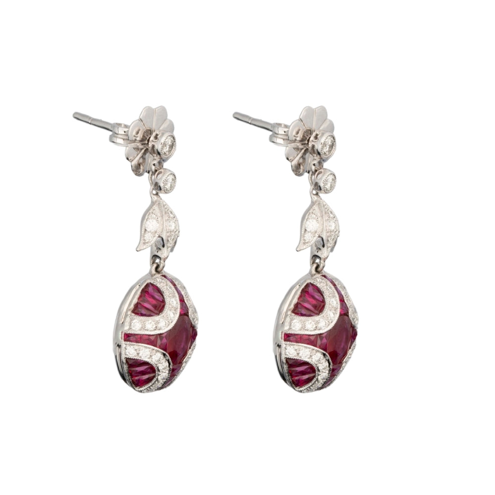 Diamond and Natural Ruby Art Deci Style Drop Earrings