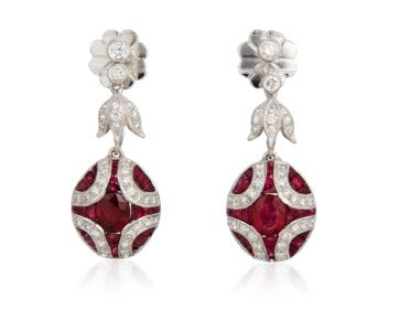 Diamond and Natural Ruby Art Deci Style Drop Earrings