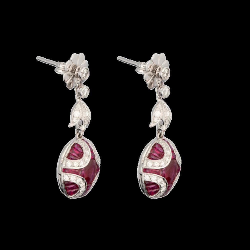 Diamond and Natural Ruby Art Deci Style Drop Earrings