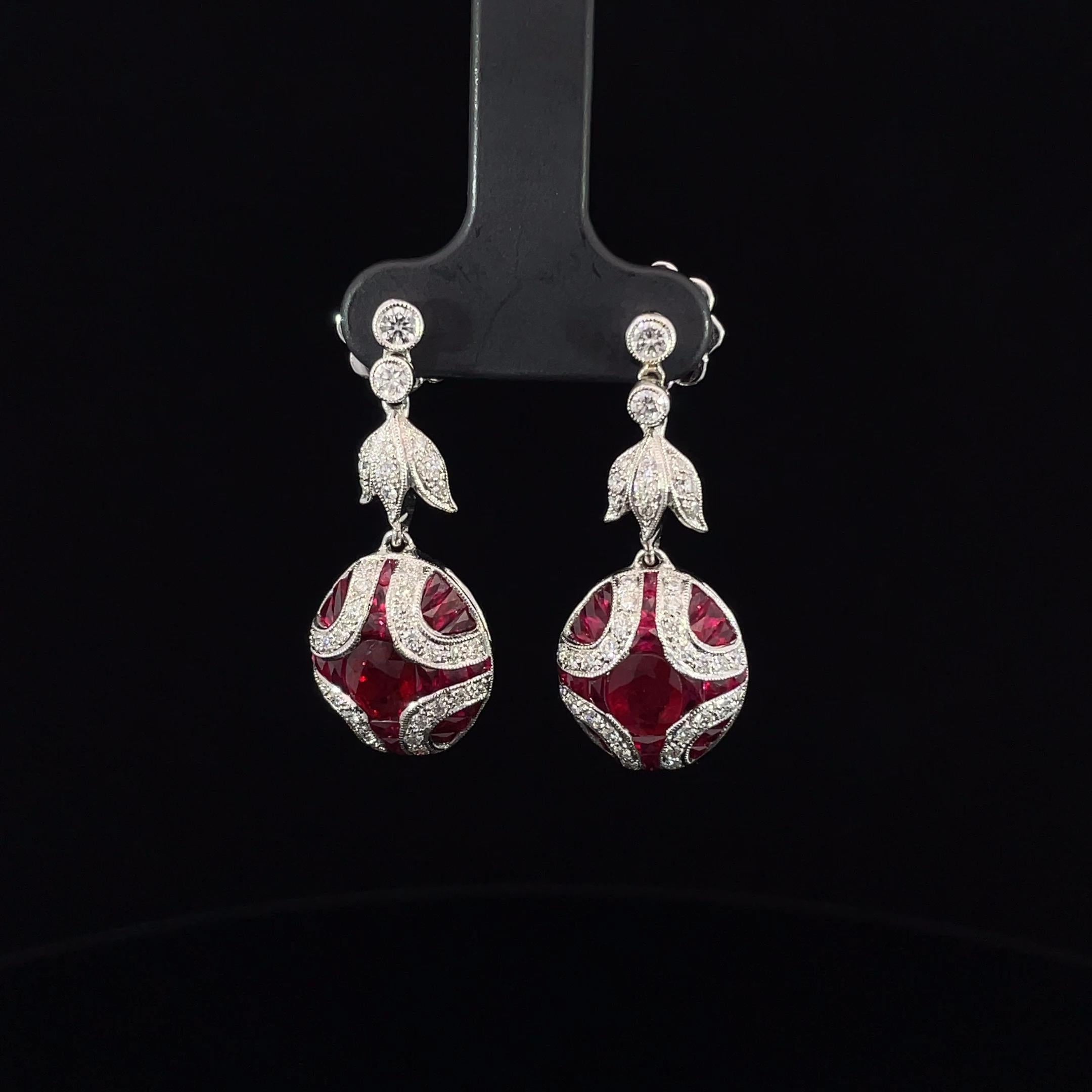 Diamond and Natural Ruby Art Deci Style Drop Earrings