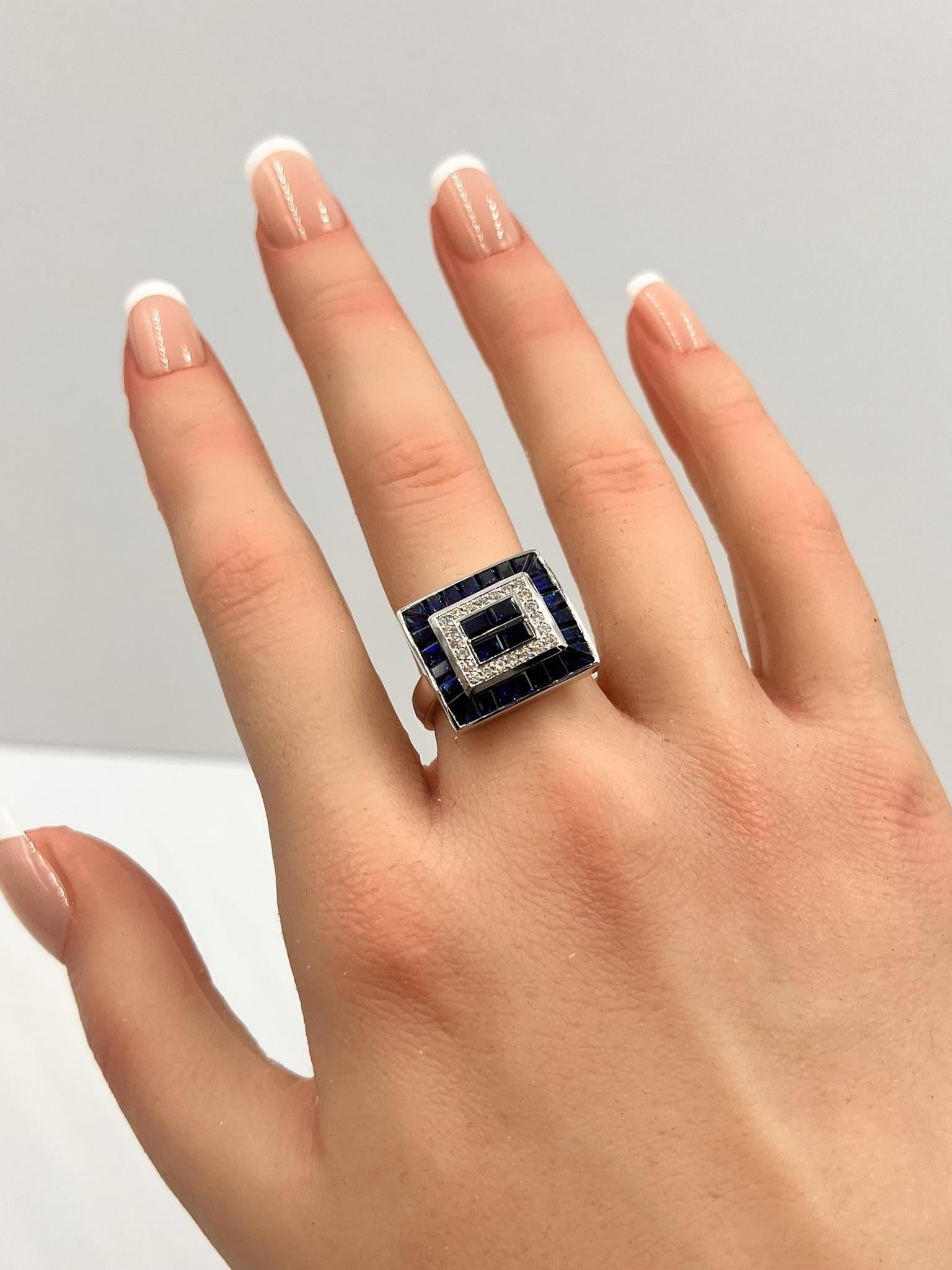Blue Sapphire Diamond Sqaure Ring