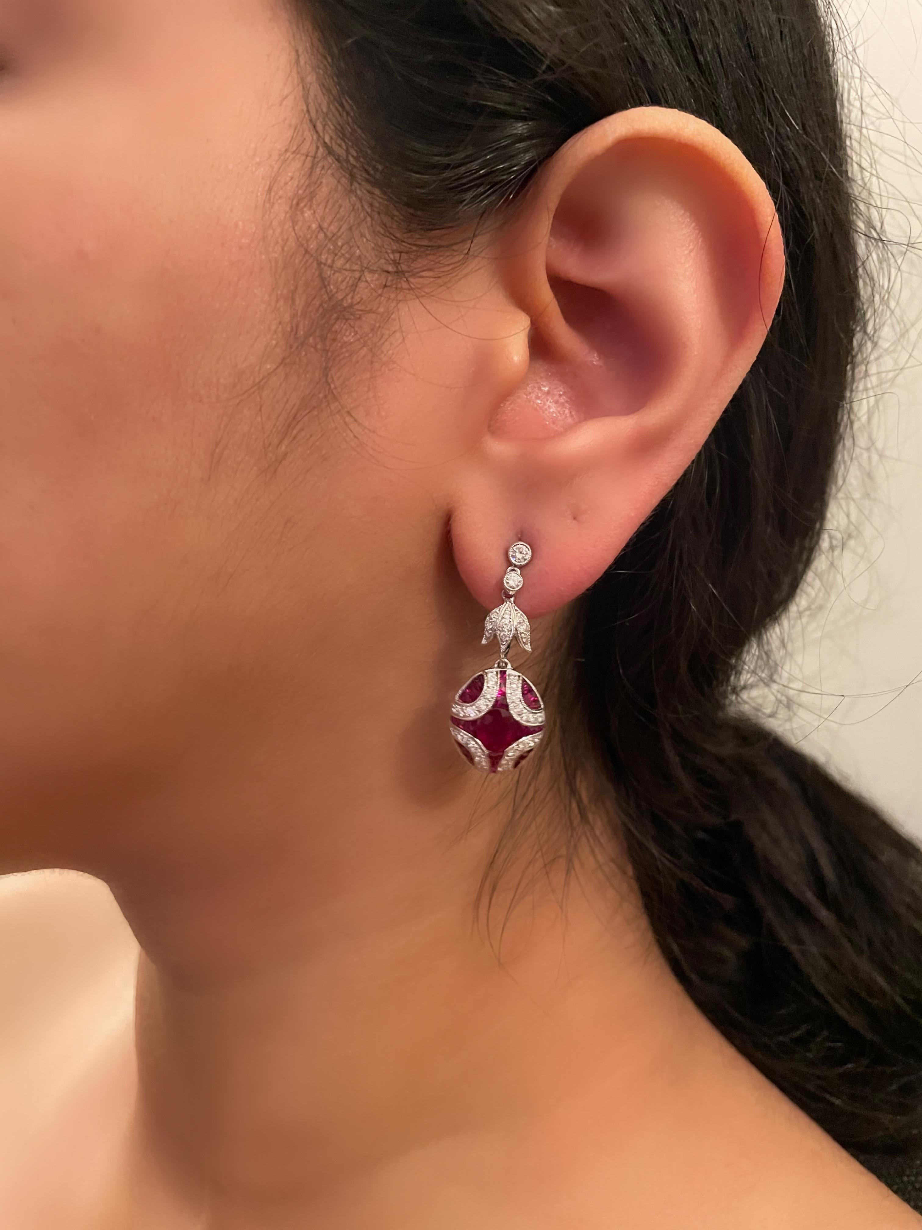 Diamond and Natural Ruby Art Deci Style Drop Earrings