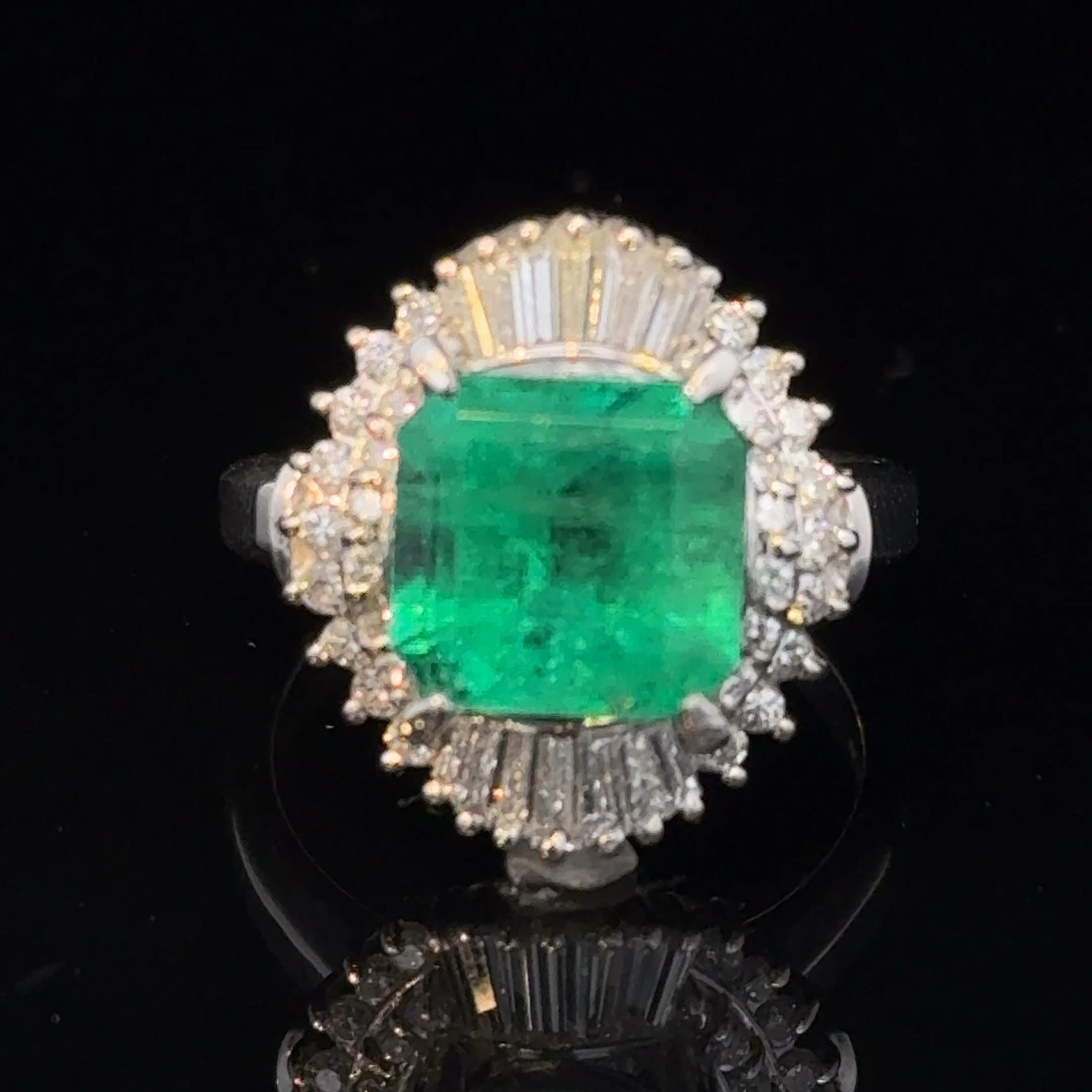 SGL Certified 3.32 Carat Emerald Diamond Platinum Ring, Size 6