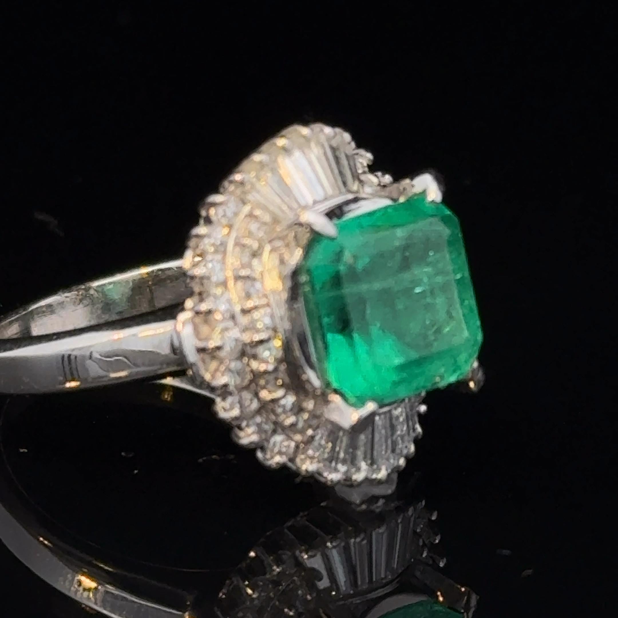 SGL Certified 3.32 Carat Emerald Diamond Platinum Ring, Size 6