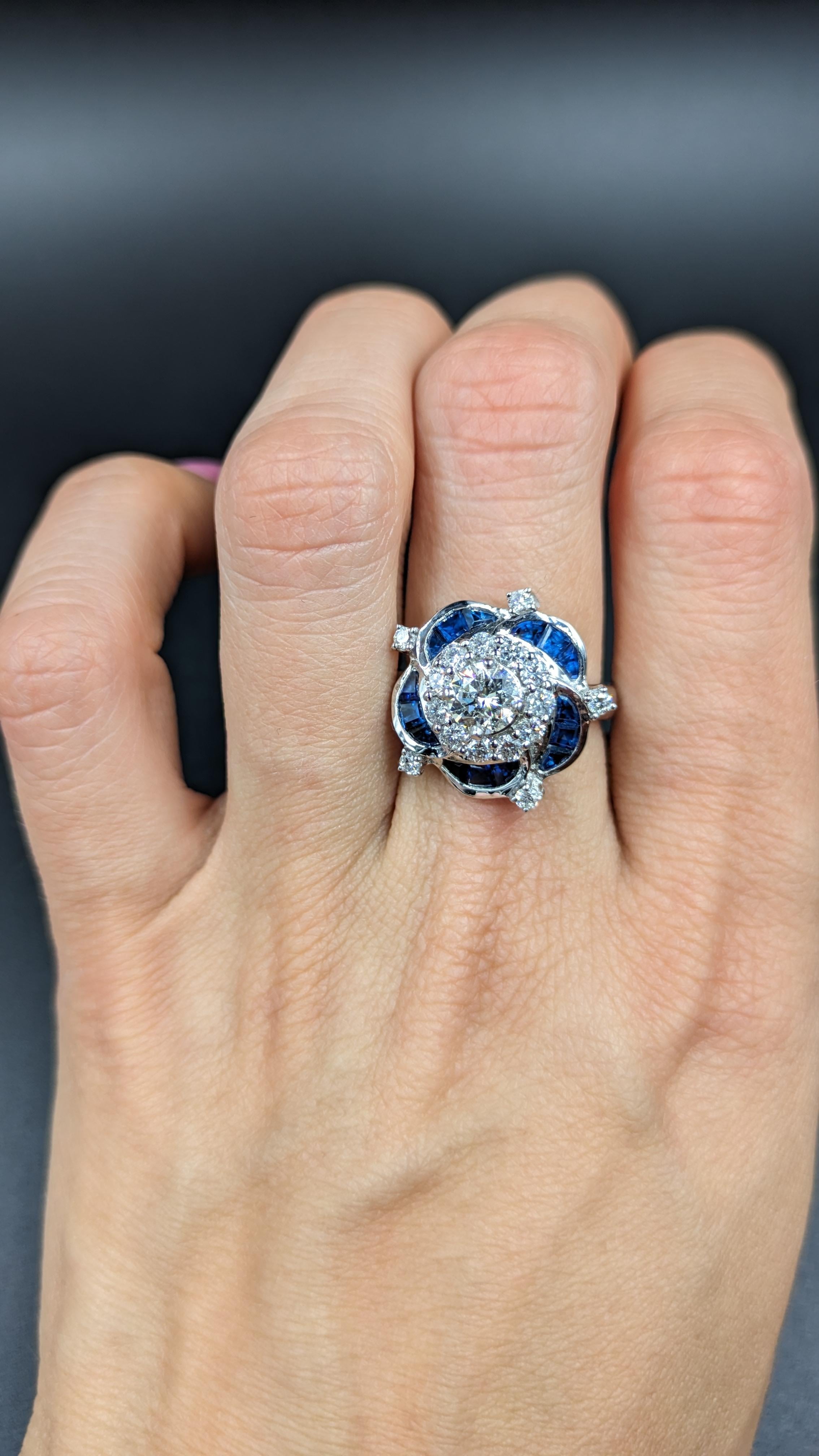 1.56 Carat Diamond Sapphire Cluster Ring 18K Gold