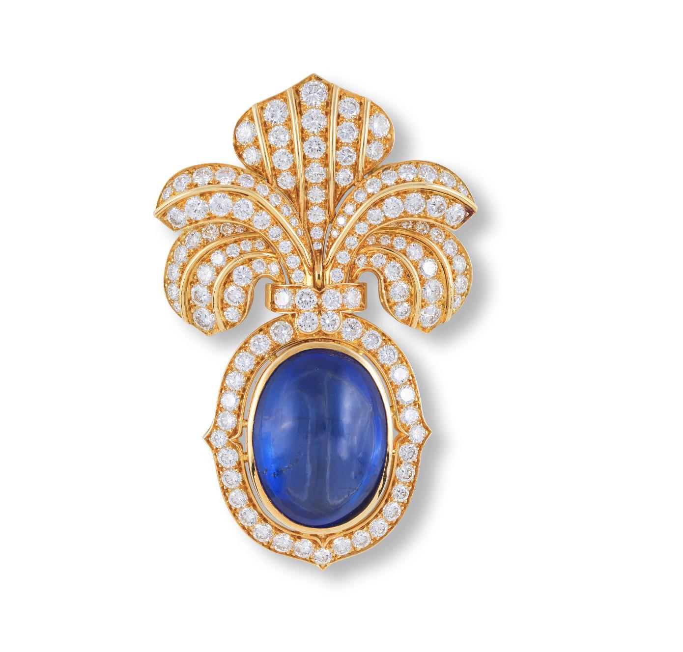 Vintage 32ct Sapphire Brooch with Diamonds in 18k Gold