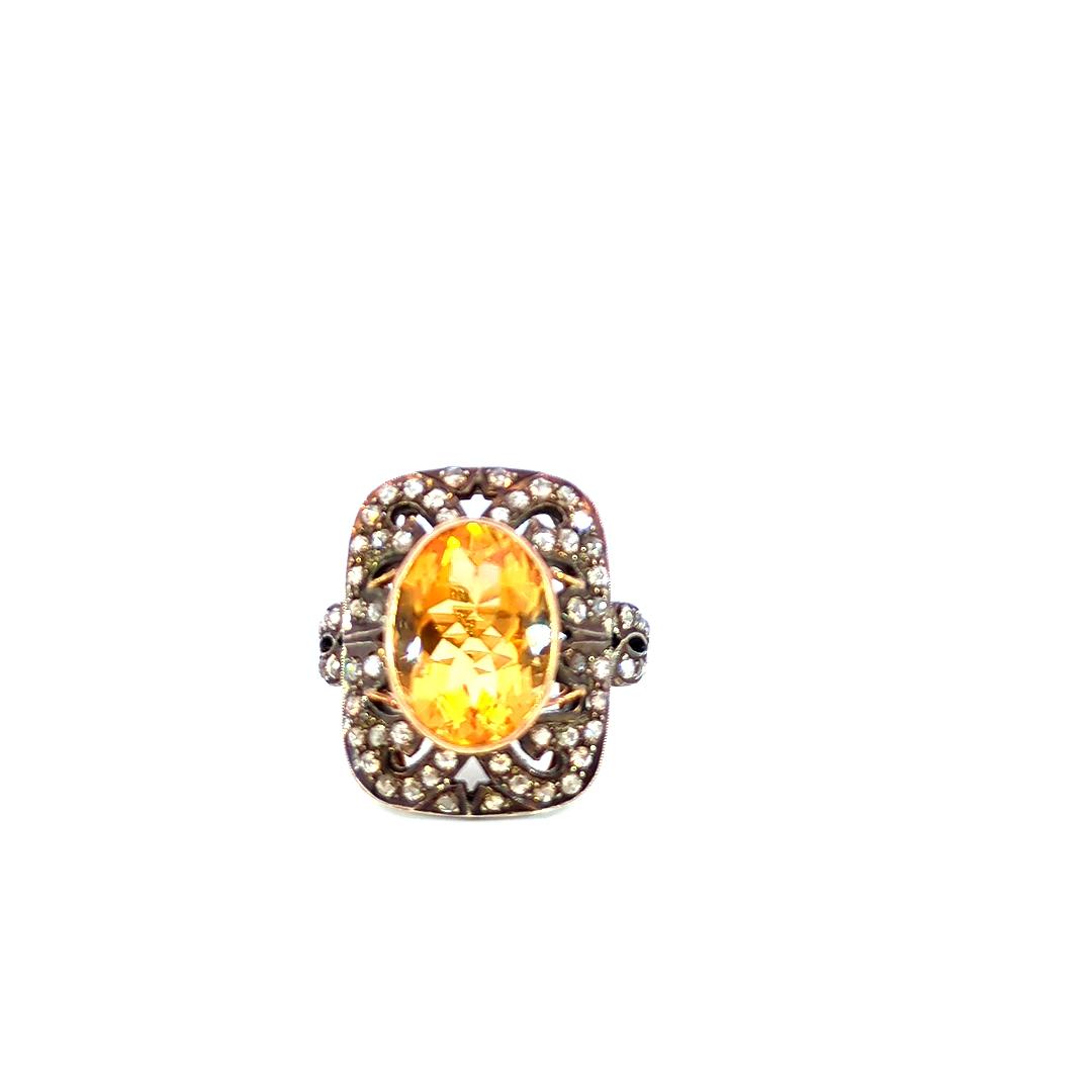 12.90 Carat Antique Oval Yellow Sapphire Diamond Ring in 18K Gold