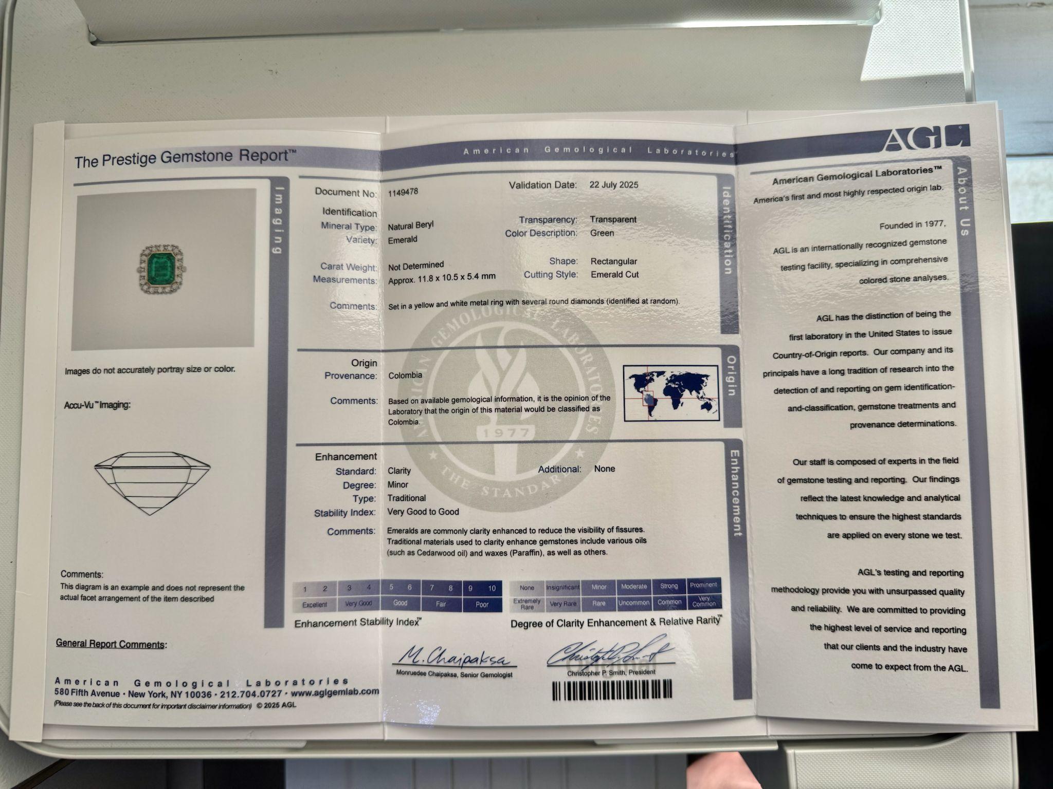 AGL Certified Columbian Square-Cut Emerald and Diamond Halo Ring