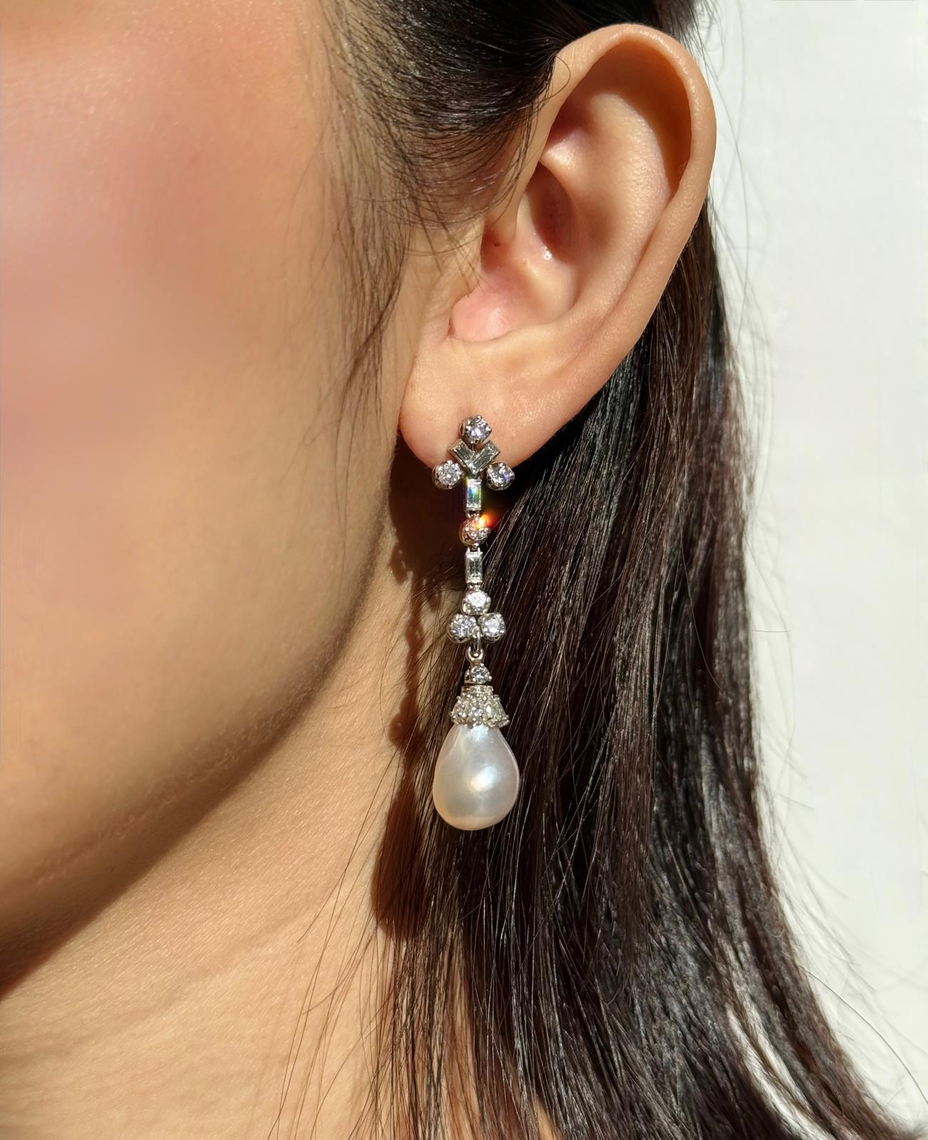 Rare Natural Pearl Art Deco and Diamond  Drop Earring