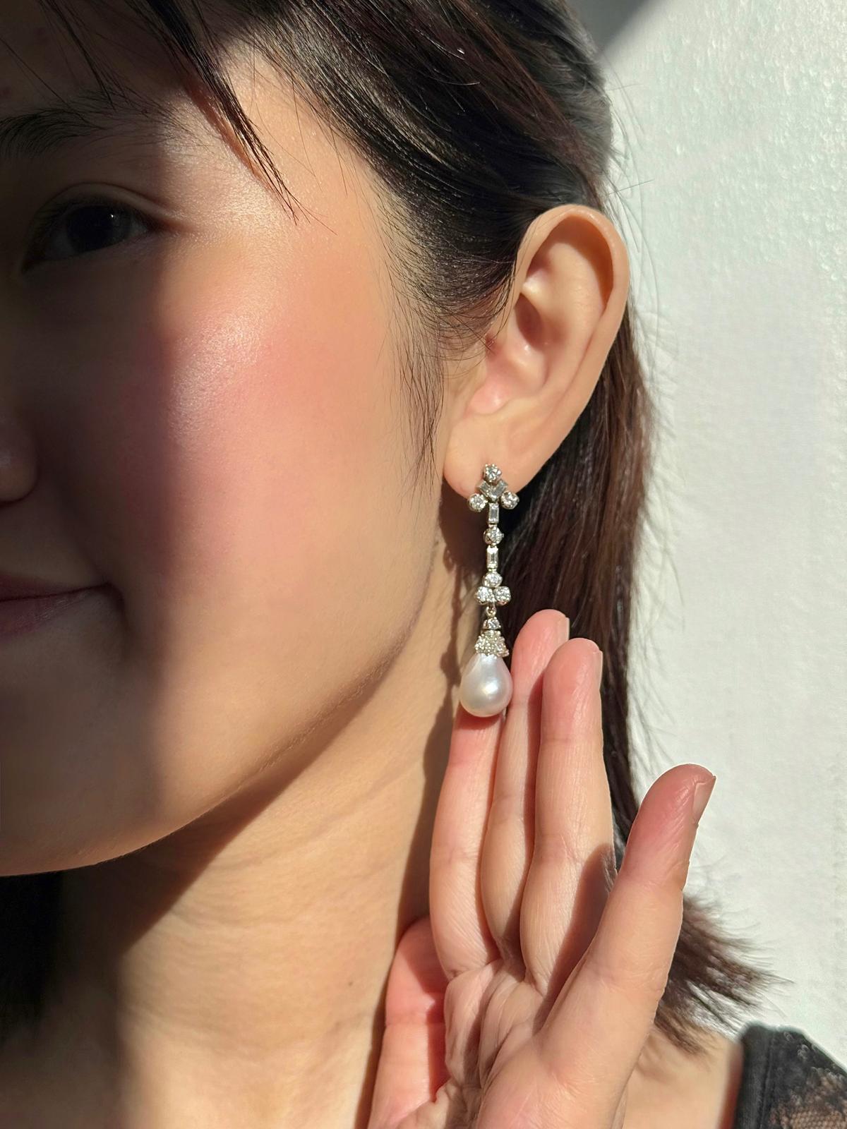 Rare Natural Pearl Art Deco and Diamond  Drop Earring