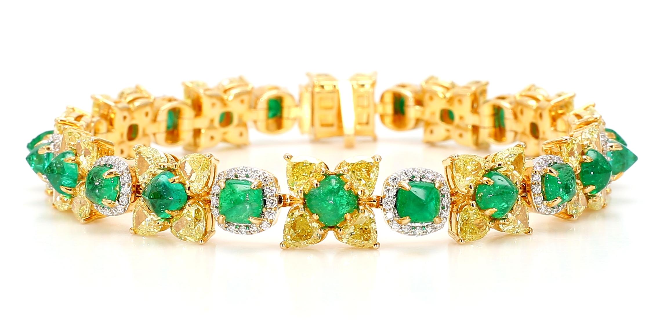 Natural Fancy 11.24 Carat Yellow Diamonds 8.18 Carat Columbian Emerald Bracelet