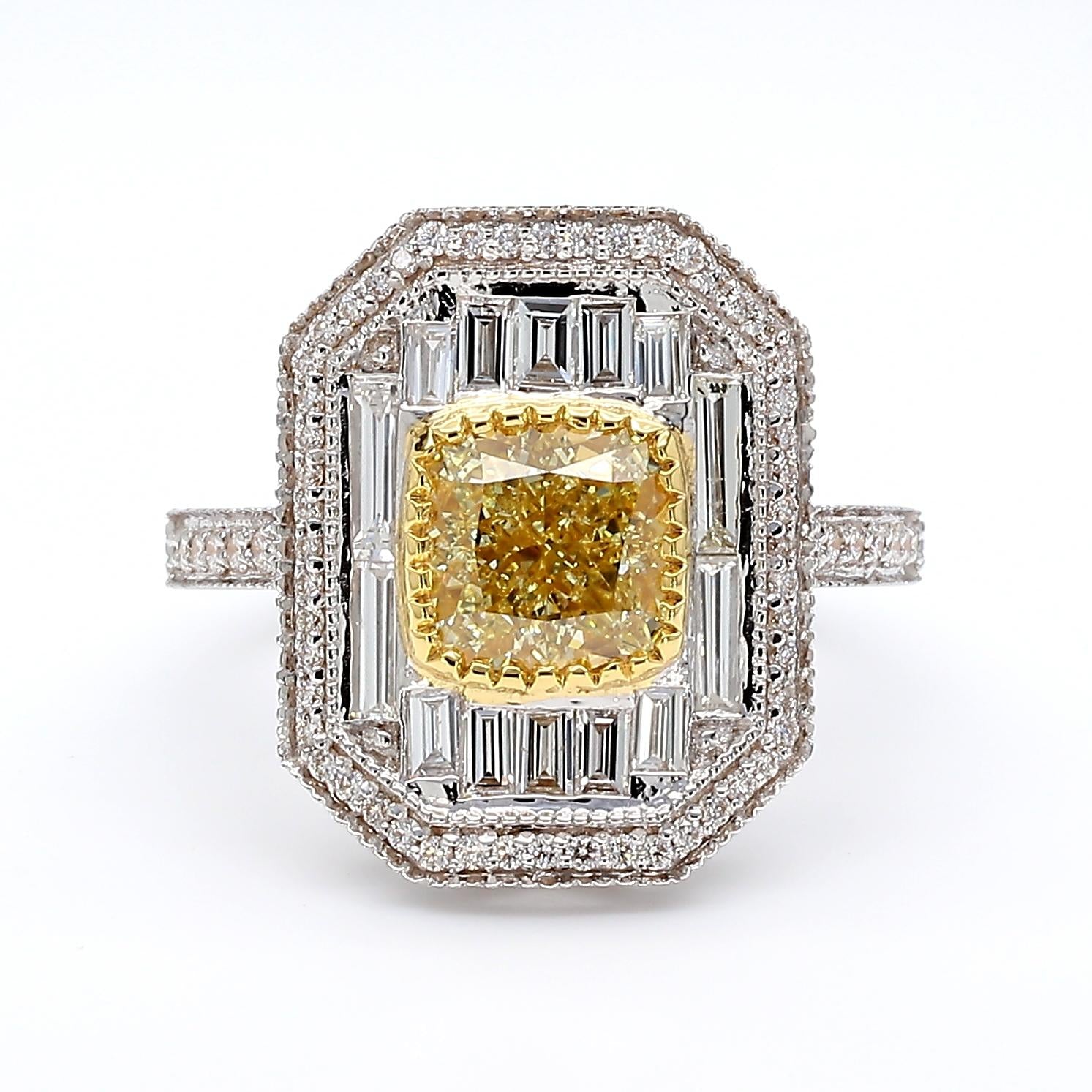 18k Gold Ring with 1.66ct Yellow Diamond and White Halo