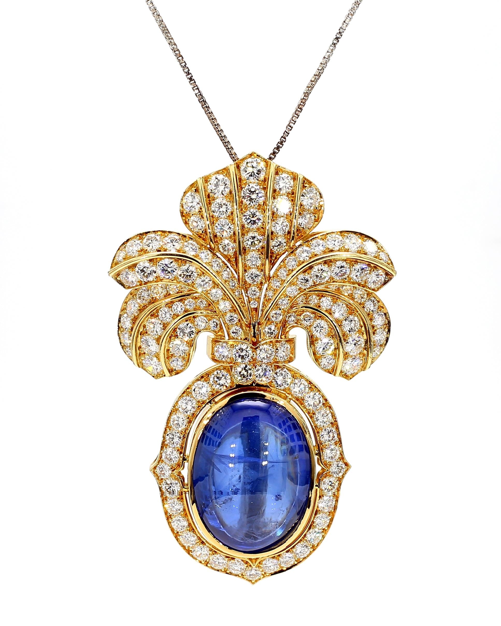 Vintage 32ct Sapphire Brooch with Diamonds in 18k Gold