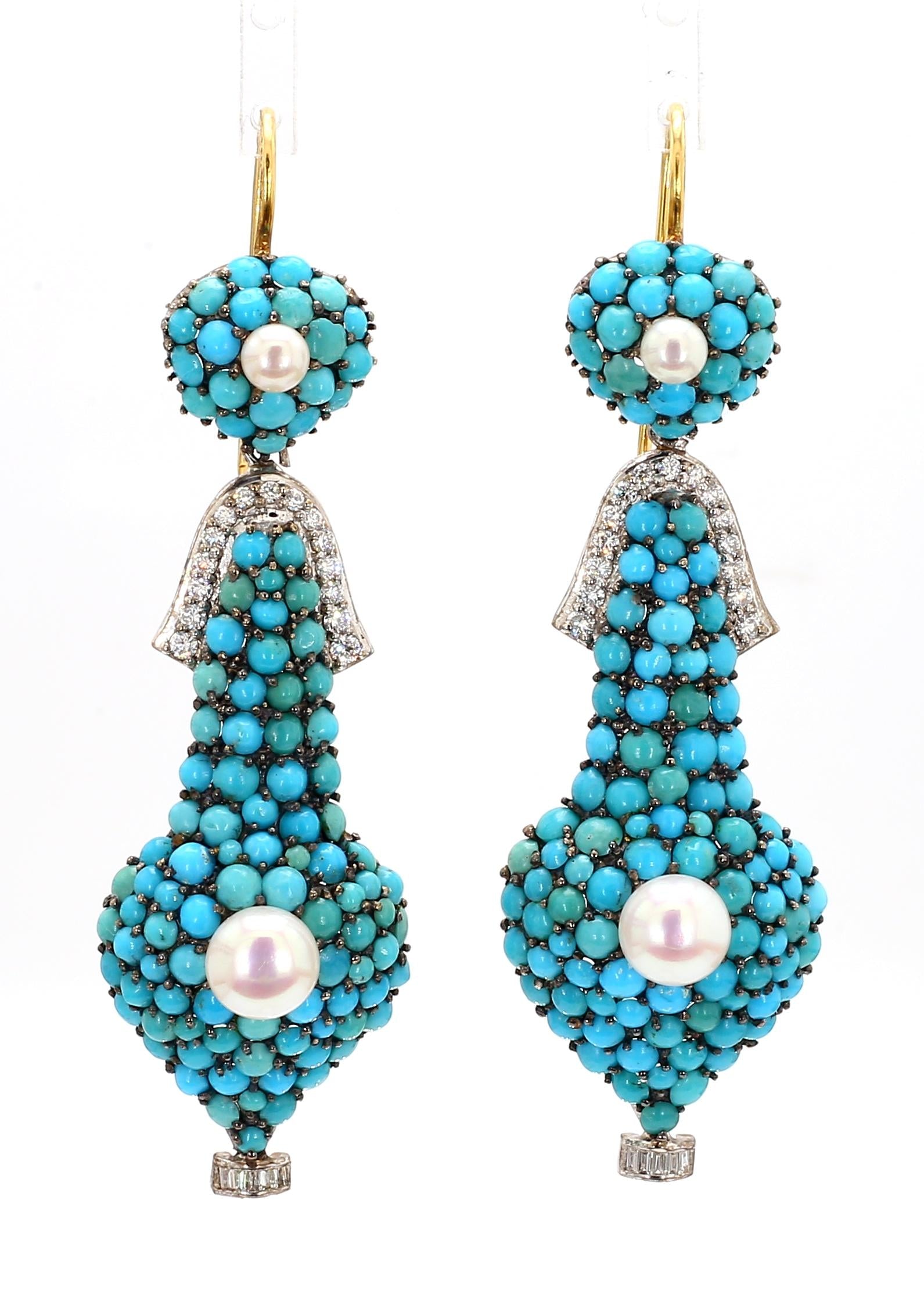 1.74 Carat Diamond, Turquoise, and Pearl Drop Earrings in 18K Gold