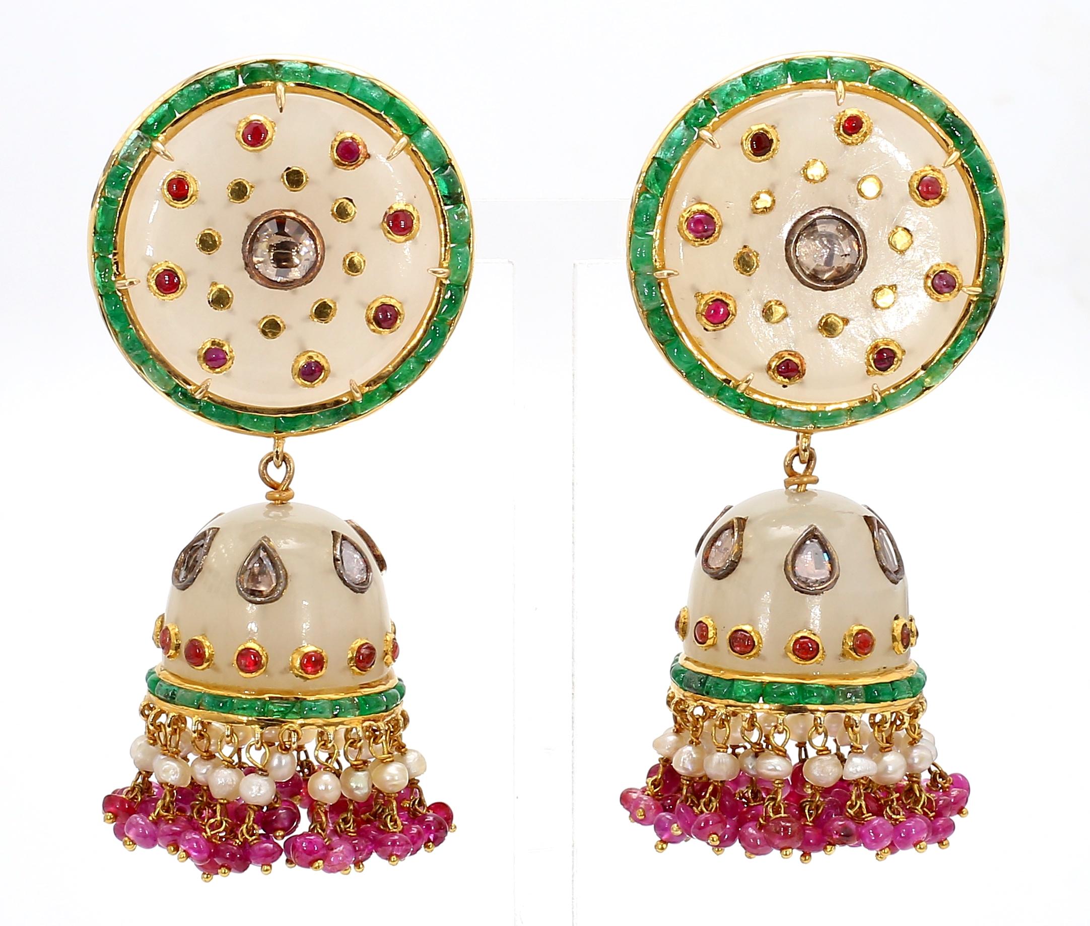 8.54 Carat Emerald, 2.40 Carat Ruby, and 1.00 Carat Diamond Old Persian Earrings