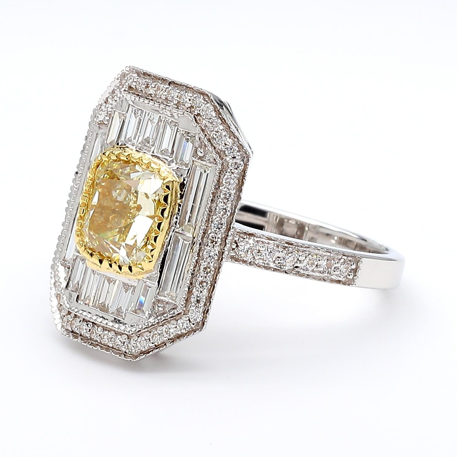 18k Gold Ring with 1.66ct Yellow Diamond and White Halo