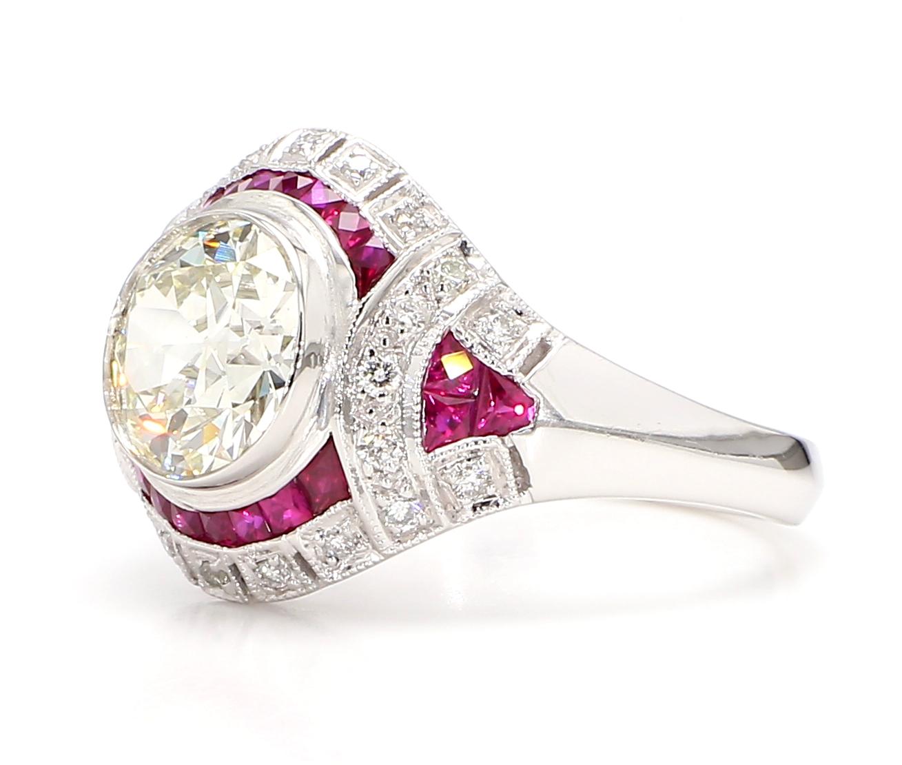 GIA Certified 2.56 Carat Diamond and 1.15 Carat Ruby Art Deco Platinum Ring