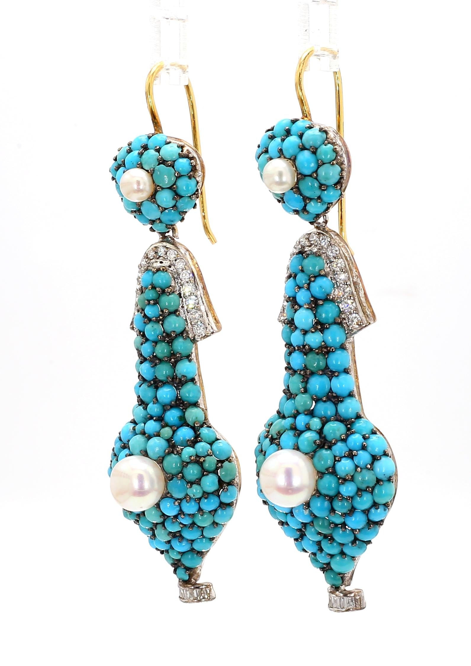 1.74 Carat Diamond, Turquoise, and Pearl Drop Earrings in 18K Gold