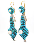 1.74 Carat Diamond, Turquoise, and Pearl Drop Earrings in 18K Gold