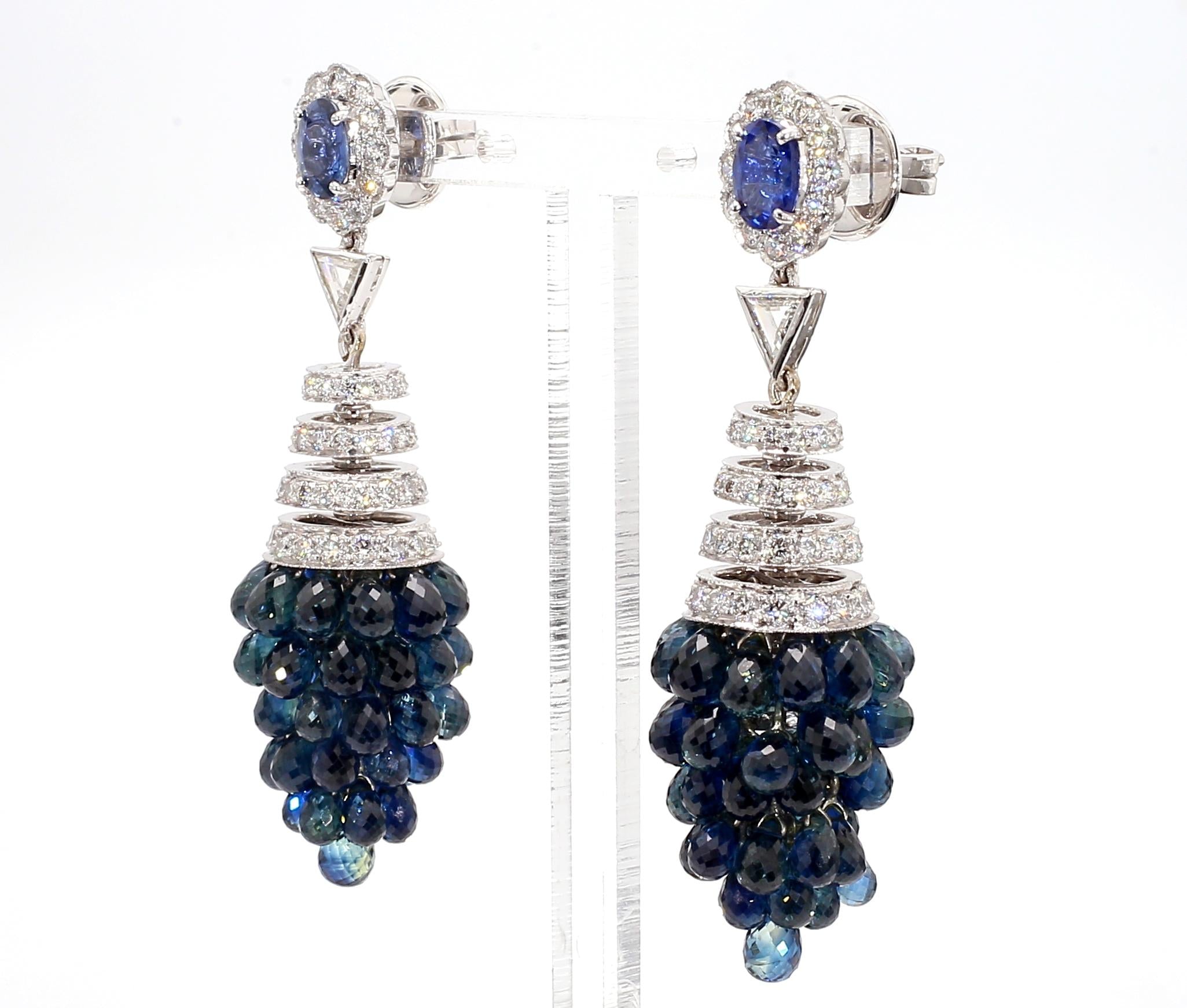 1.40 Carat Blue Sapphire and 8.4 Carat Diamond Cluster Drop Earrings in 18K Gold