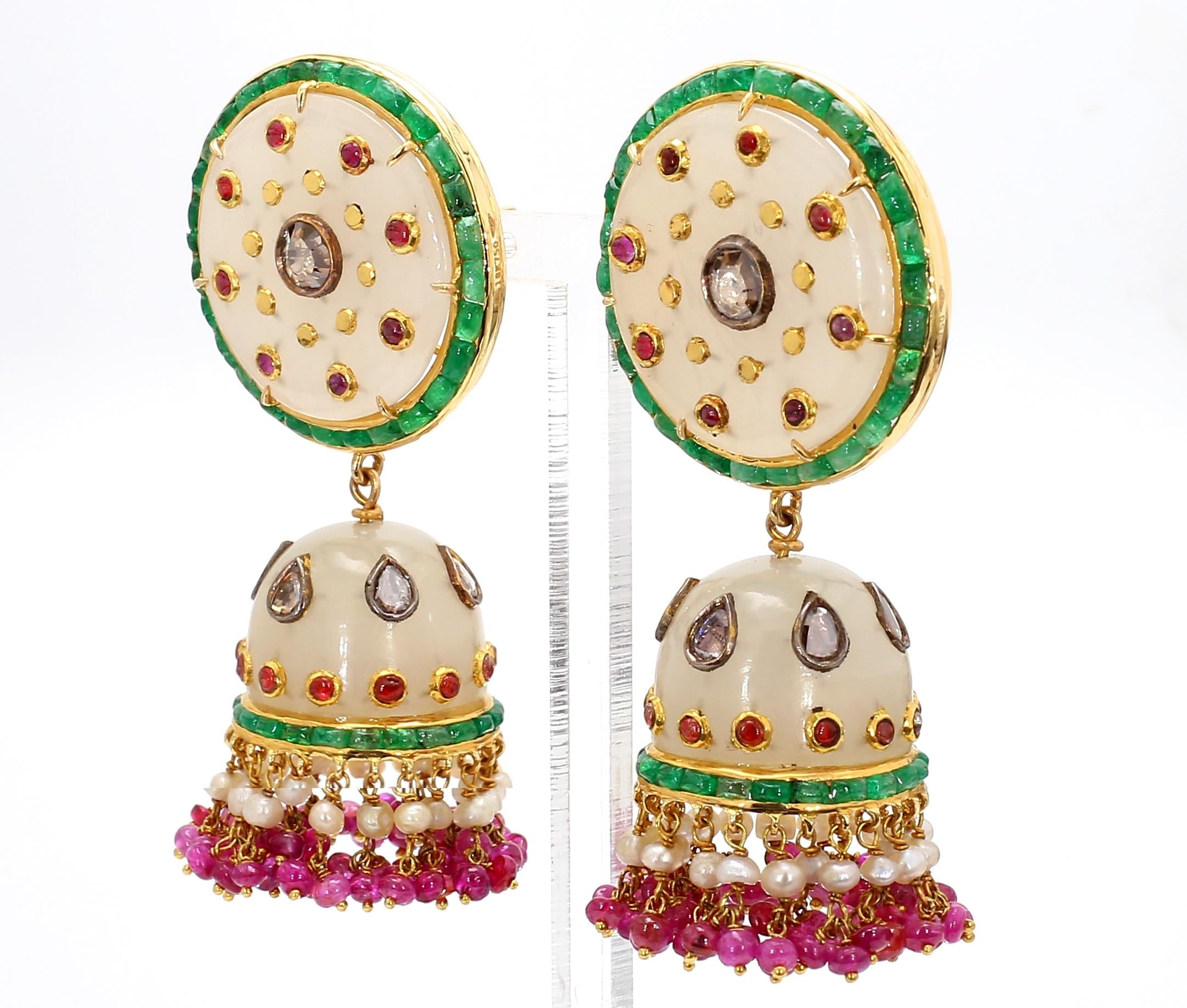 8.54 Carat Emerald, 2.40 Carat Ruby, and 1.00 Carat Diamond Old Persian Earrings