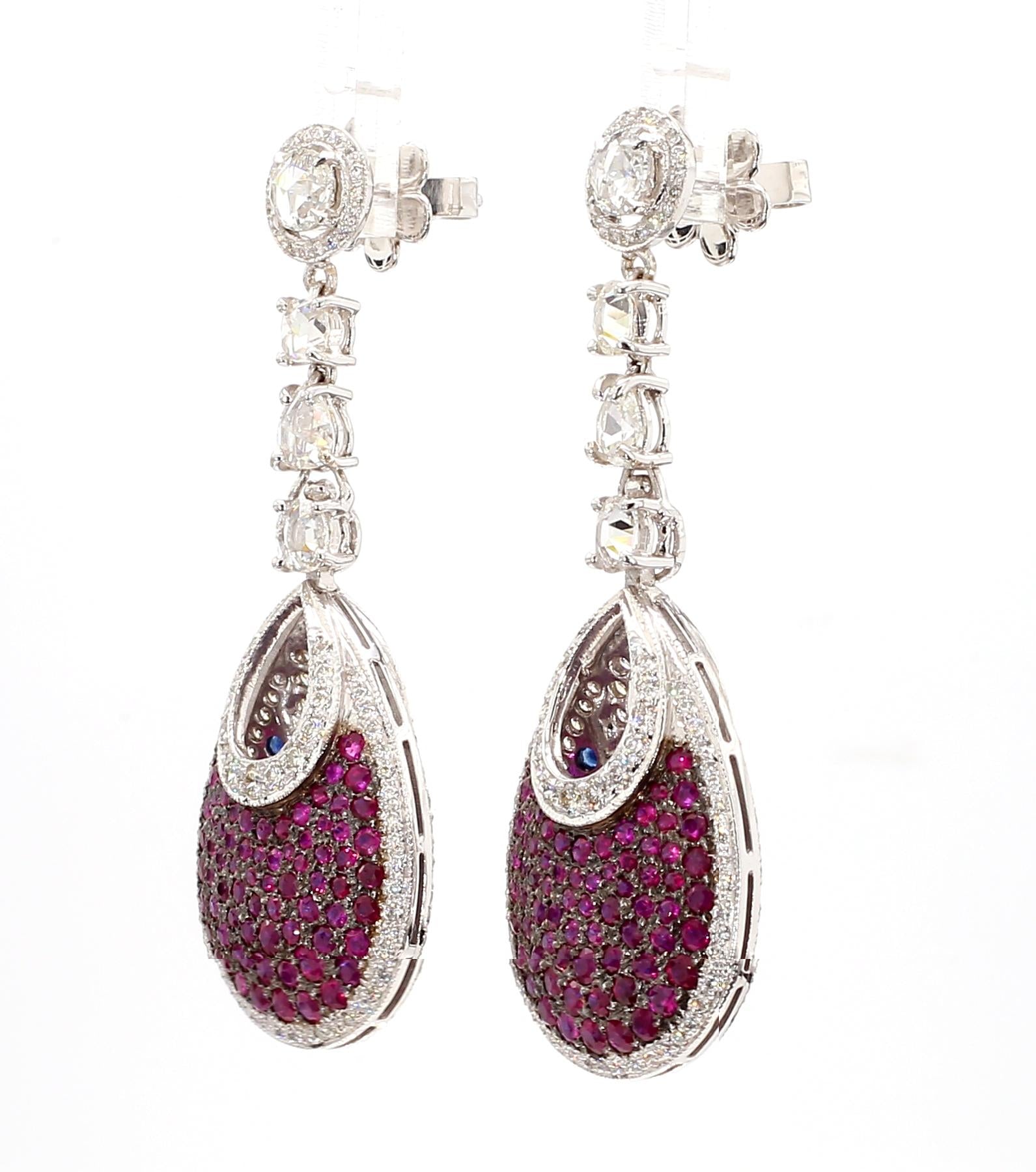 16 Carat Ruby and 4.42 Carat Diamond Double Color 18K Gold Earrings