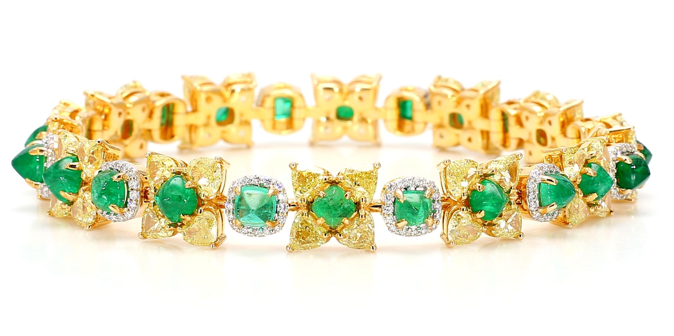Natural Fancy 11.24 Carat Yellow Diamonds 8.18 Carat Columbian Emerald Bracelet
