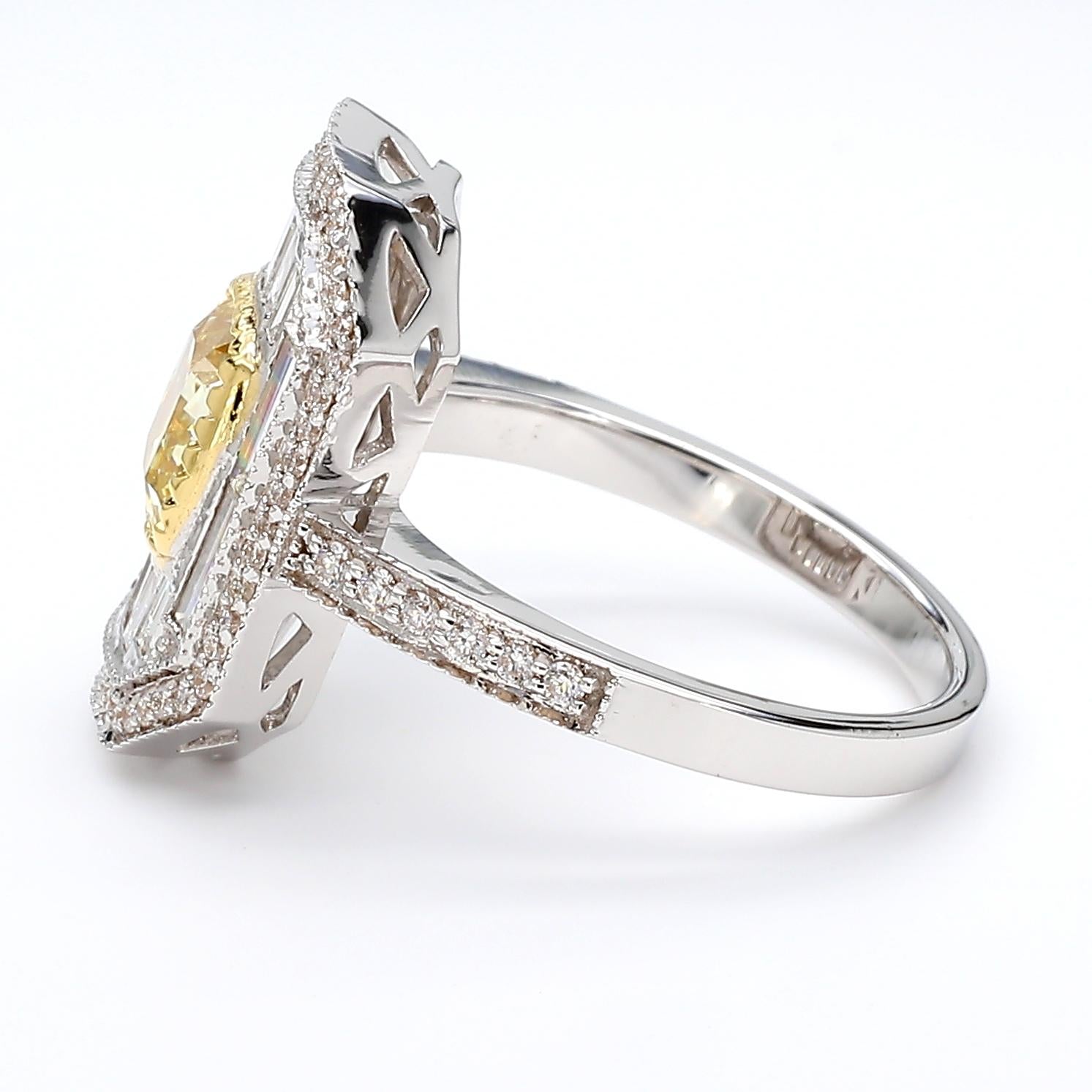 18k Gold Ring with 1.66ct Yellow Diamond and White Halo