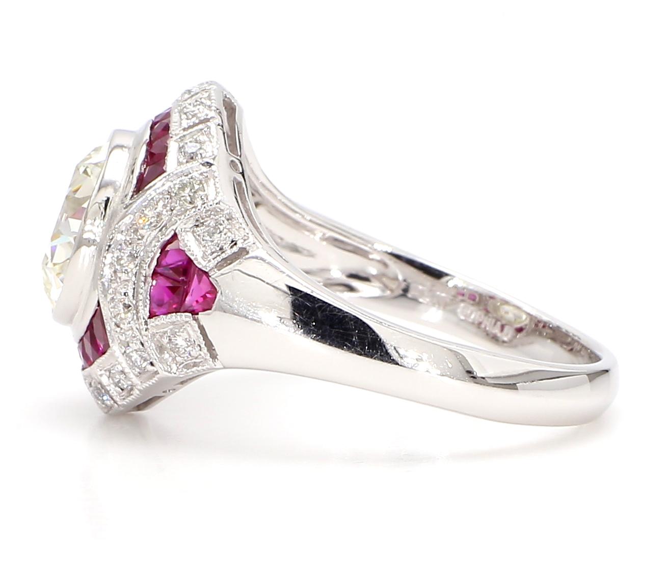 GIA Certified 2.56 Carat Diamond and 1.15 Carat Ruby Art Deco Platinum Ring