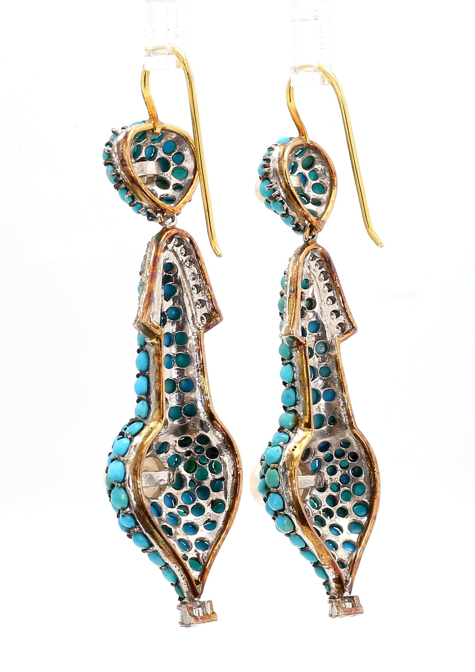 1.74 Carat Diamond, Turquoise, and Pearl Drop Earrings in 18K Gold