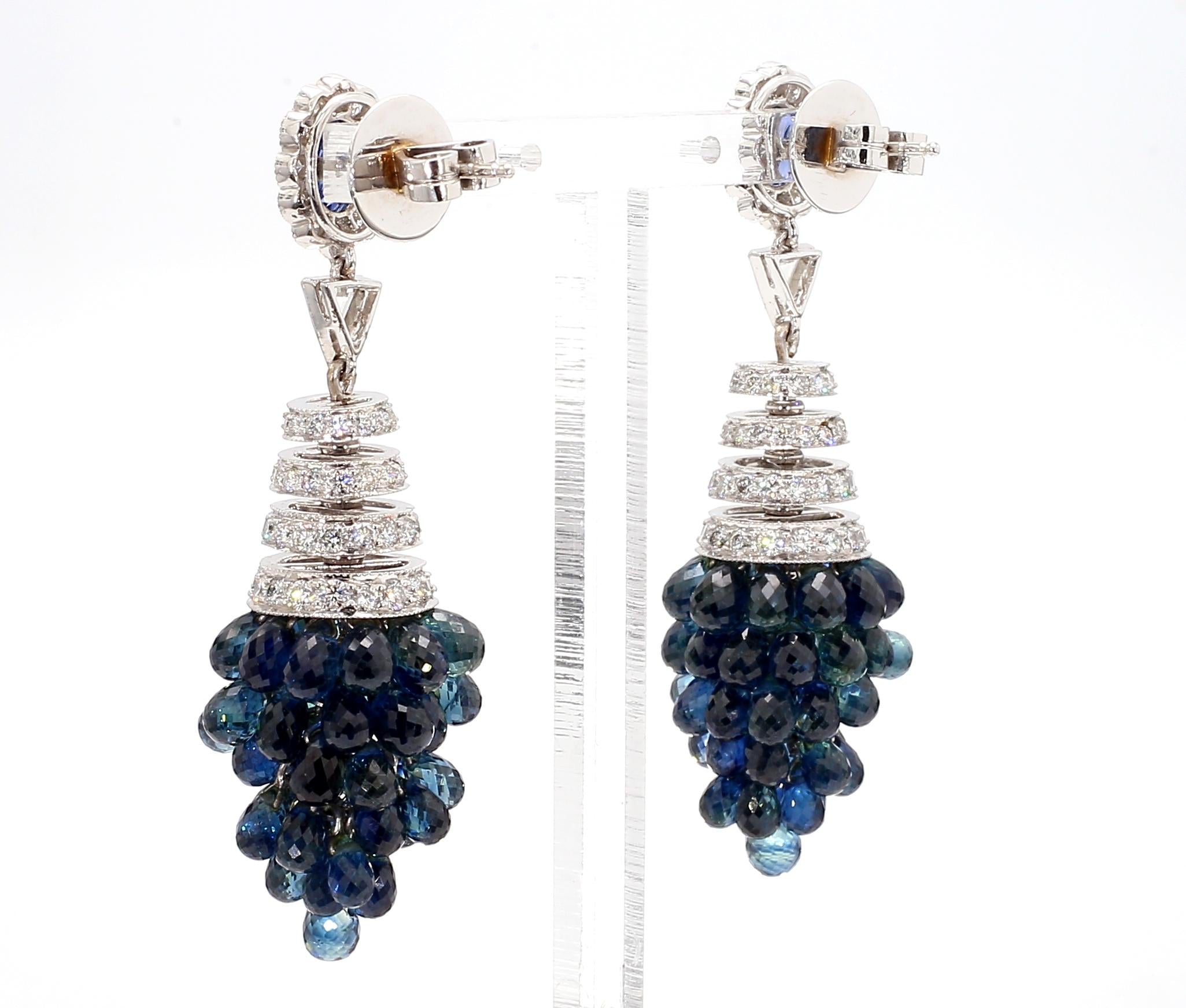 1.40 Carat Blue Sapphire and 8.4 Carat Diamond Cluster Drop Earrings in 18K Gold