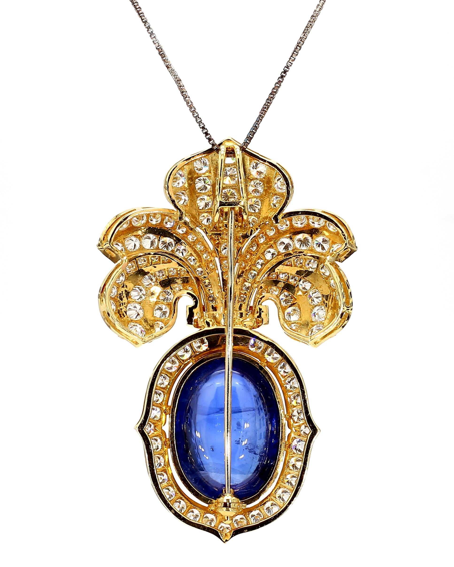 Vintage 32ct Sapphire Brooch with Diamonds in 18k Gold