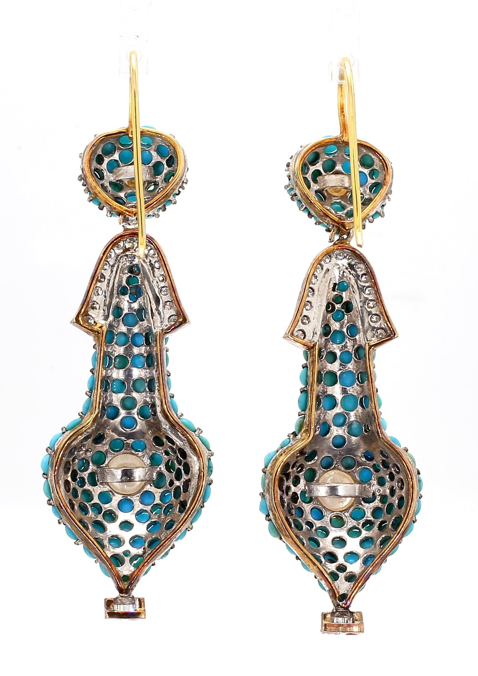 1.74 Carat Diamond, Turquoise, and Pearl Drop Earrings in 18K Gold